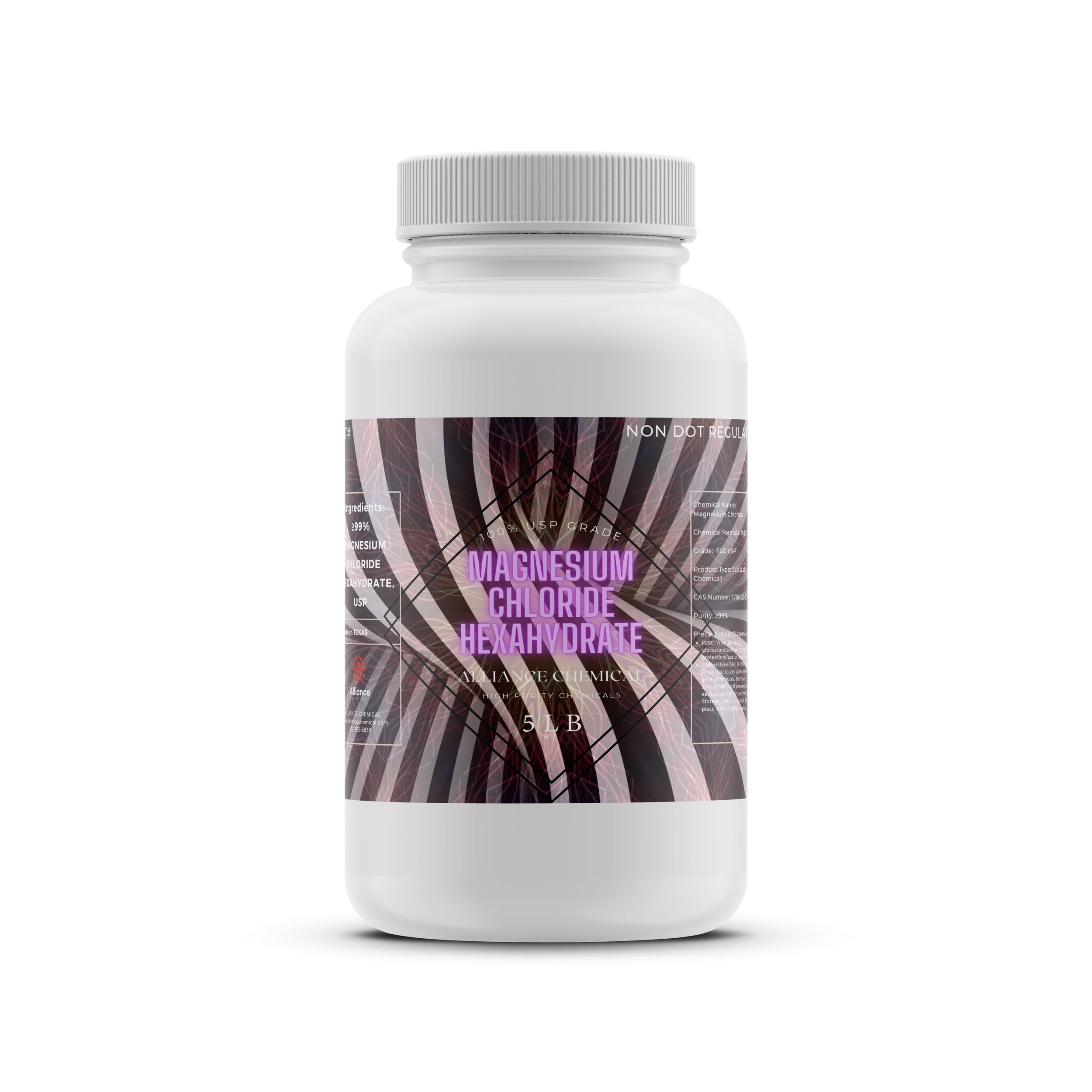 5 lb white HDPE bottle of USP/FCC-grade Magnesium Chloride Hexahydrate with gray-purple abstract label design and non-DOT regulated marking.